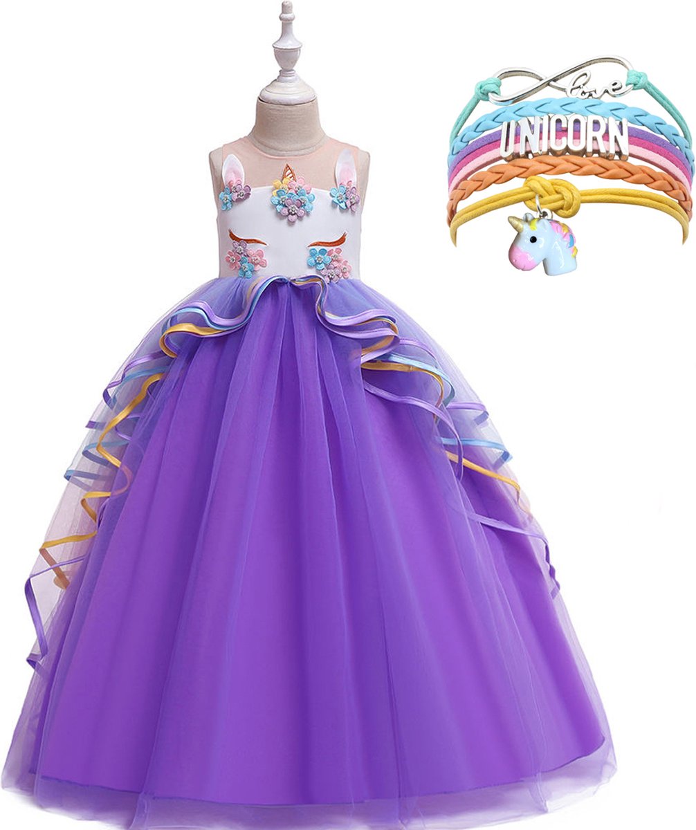 Unicorn Jurk | Eenhoorn Jurk | Prinsessenjurk Meisje | + Armband | Verkleedkleren Meisje |maat 110| Prinsessen Verkleedkleding | Carnavalskleding Kinderen | Paars